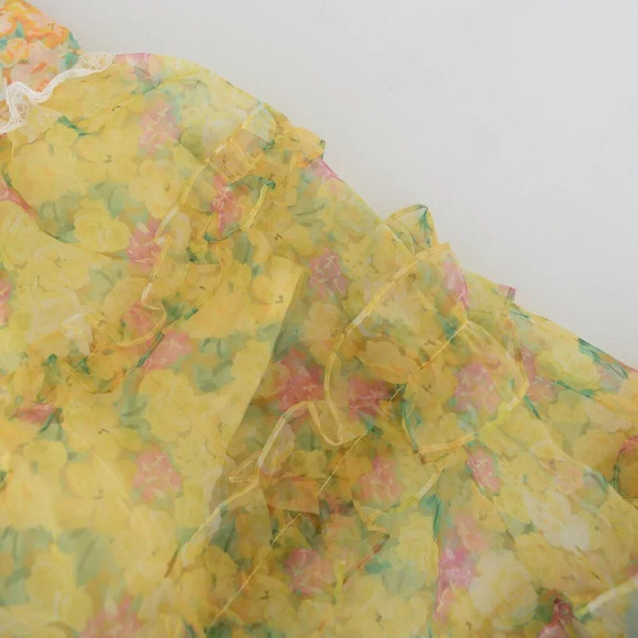 For Love & Lemons Vicki Sheer Tiered Yellow Lace Ruffle Maxi Dress M - Picture 9 of 13